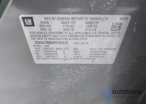 2015 GMC Terrain Slt-2 z USA, uszkodzony, nr VIN 2GKALTEK0F6152372